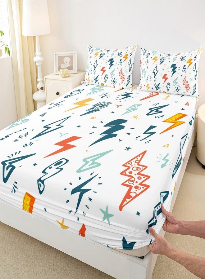 Homewish Cartoon Flashing Lightning Fitted Sheet Twin Size Videos Games Bedding Set 2Pcs for Kids Boys Girls Teens Bedroom Decor Colorful Lightning Bed Sheet Modern Fashion Deep Pocket Sheet,1 Pillowcase - Image 1